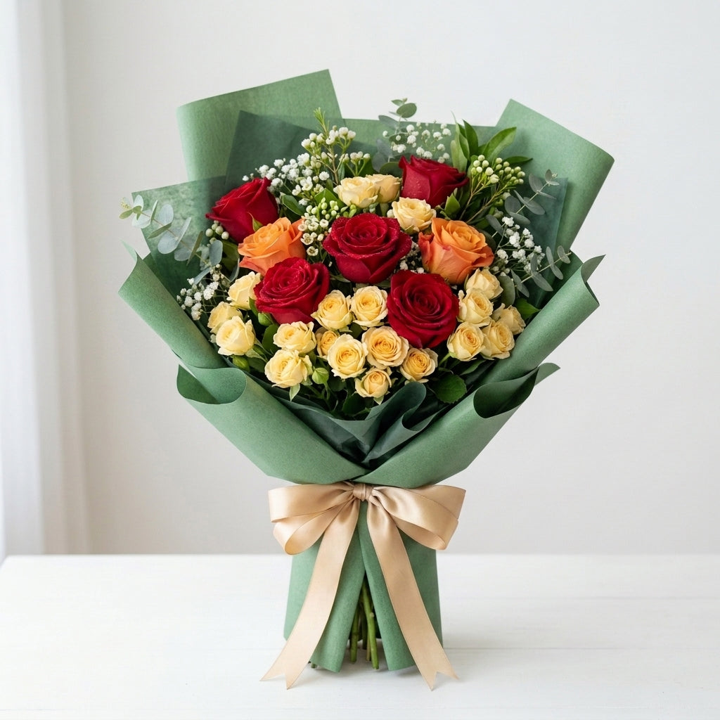 Bold Halloween Red & Orange Roses with Yellow Baby Roses Bouquet