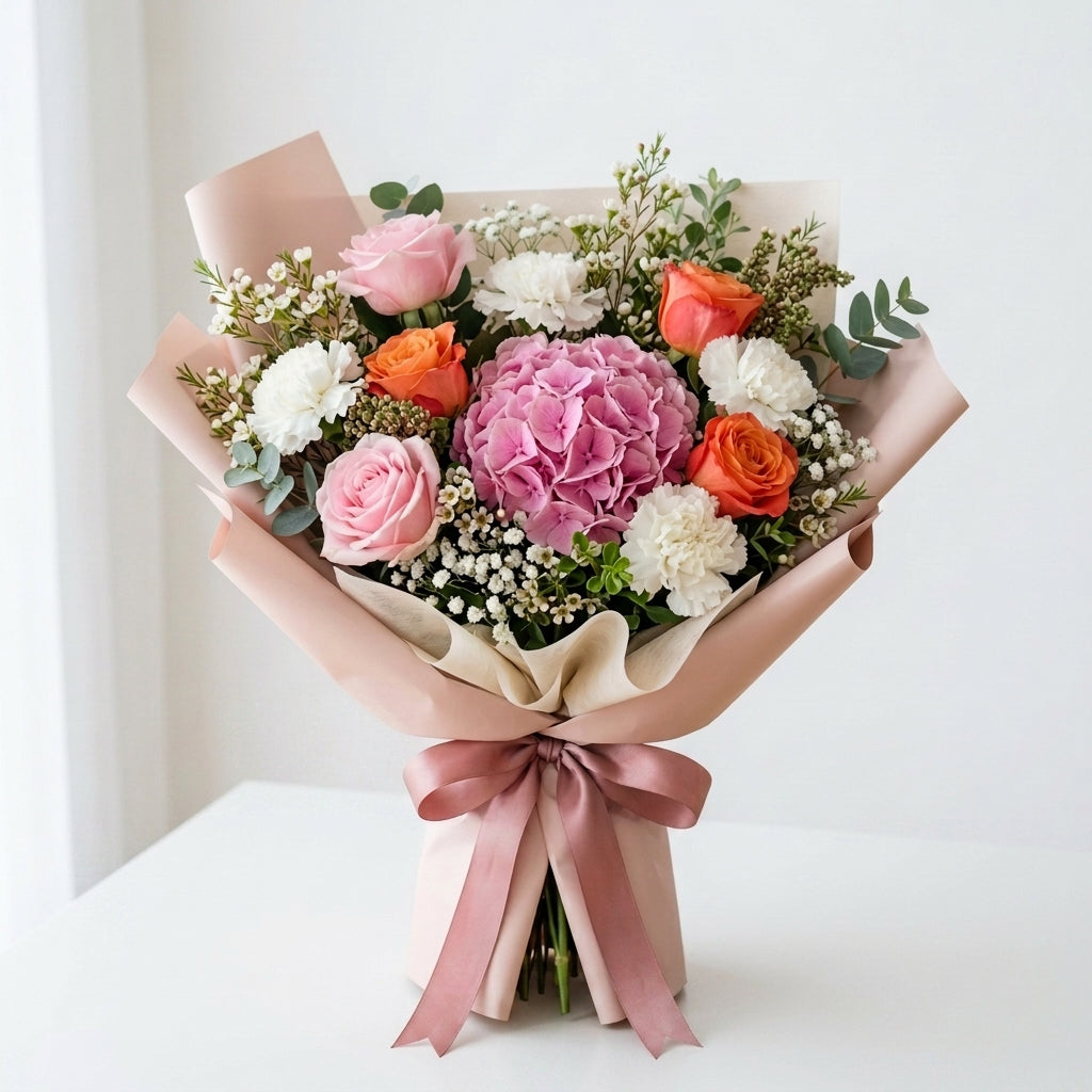 Teacher’s Day Pink & Orange Roses with White Carnations Bouquet