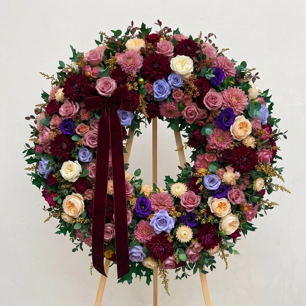 Vibrant Pink & Purple Funeral Wreath Tribute