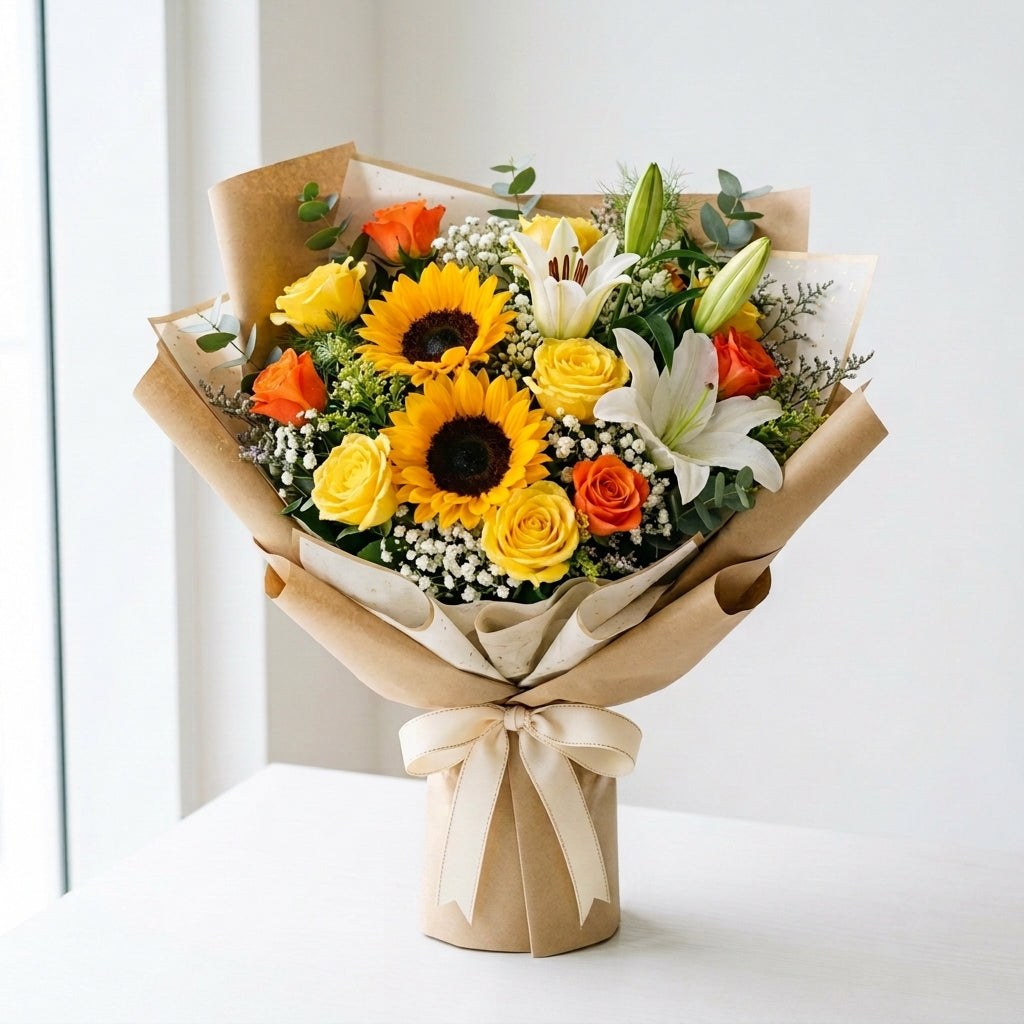 Diwali Yellow & Orange Roses, Sunflowers & White Lilies Bouquet