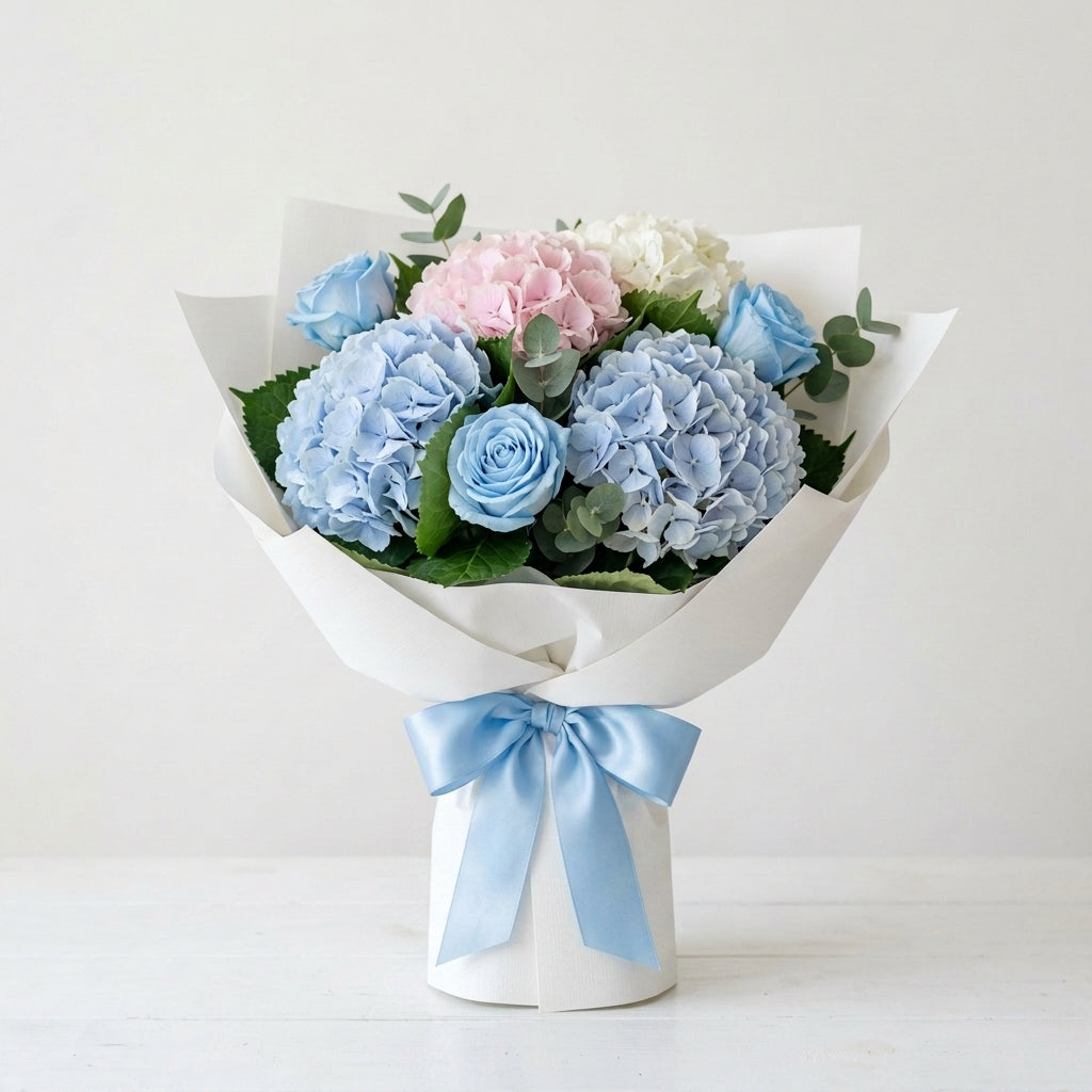 Father’s Day Blue Roses & Hydrangea Elegant Bouquet