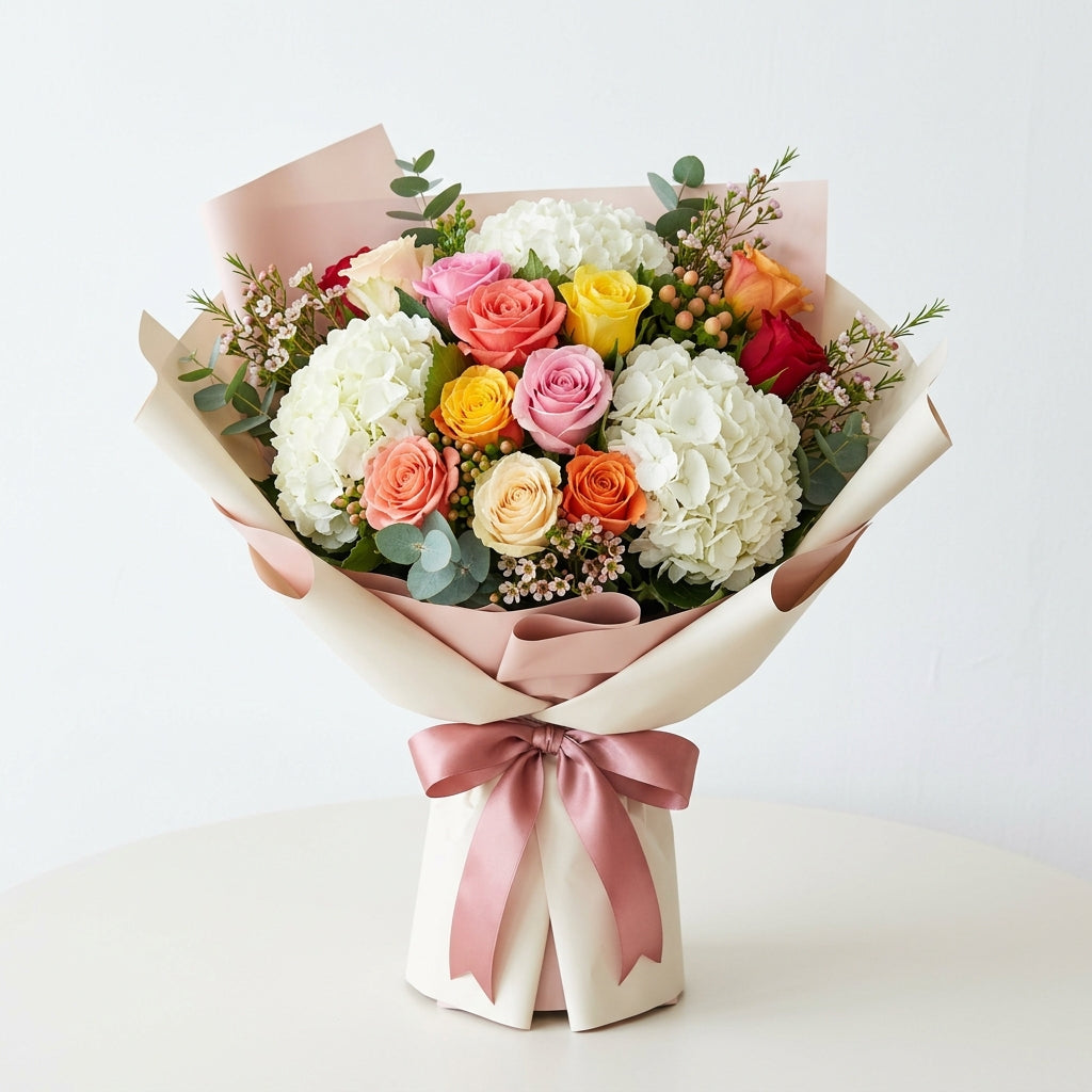 Corporate Mixed Roses & White Hydrangea Bouquet