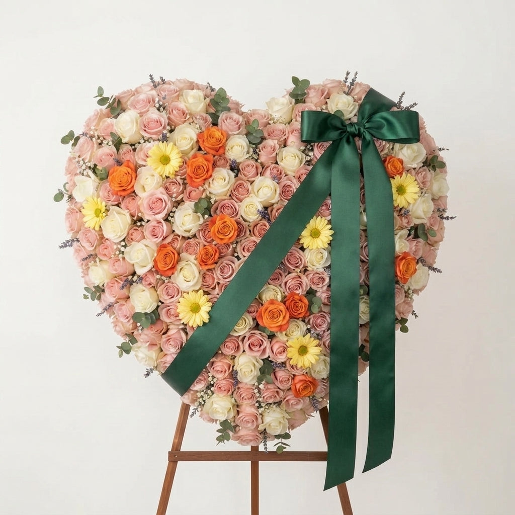 Heart Shaped Sympathy Tribute with Peach, White & Orange Roses