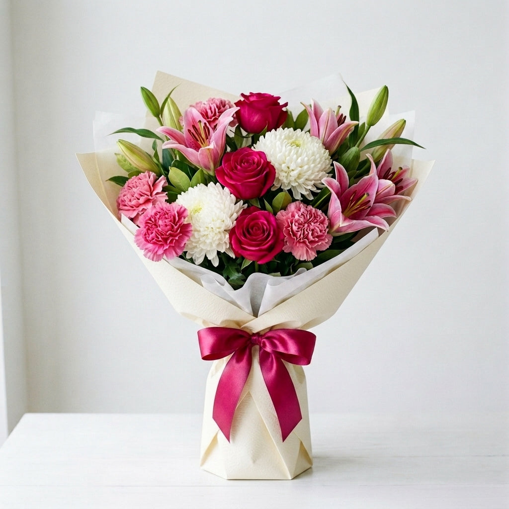 Delicate Islamic New Year Pink Roses, White Lilies & Carnations Bouquet