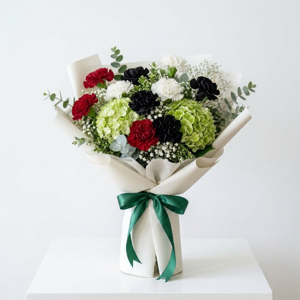 Grand UAE National Day Patriotic Carnations with Green Hydrangeas Bouquet