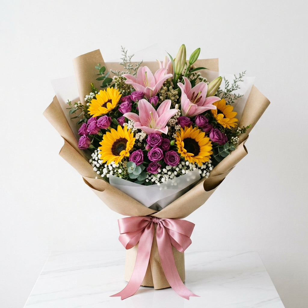 Radiant Islamic New Year Sunflowers, Pink Lilies & Purple Baby Roses Bouquet