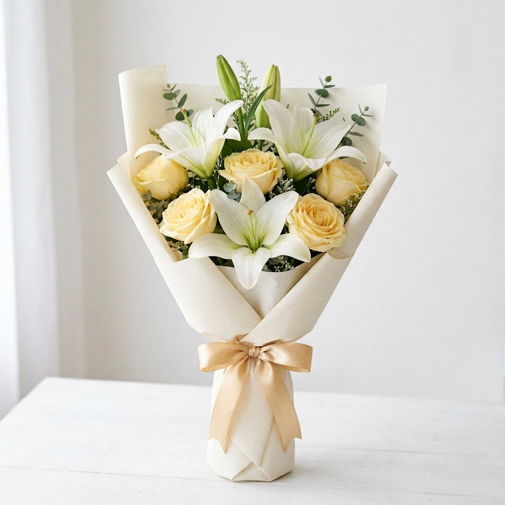 Corporate Yellow Roses & White Lily Bouquet