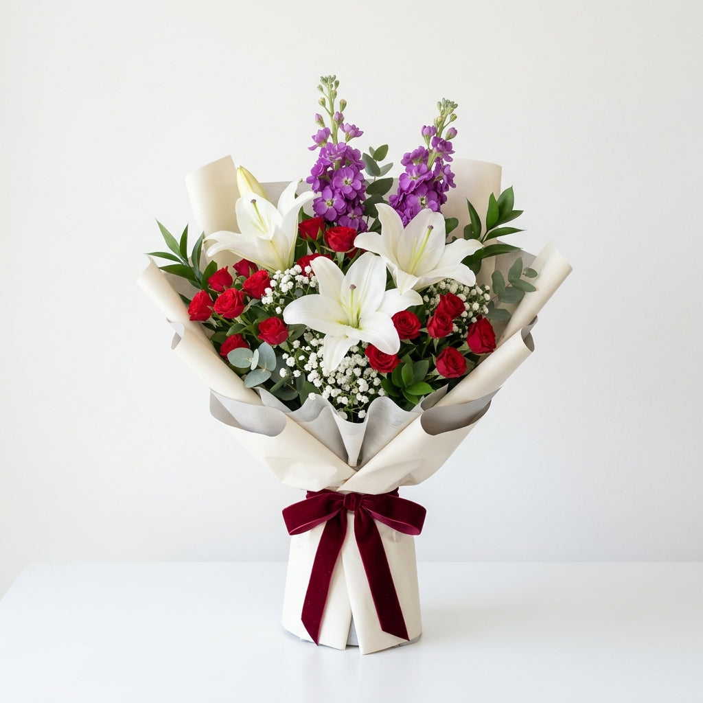 Housewarming White Lily & Red Baby Roses Bouquet