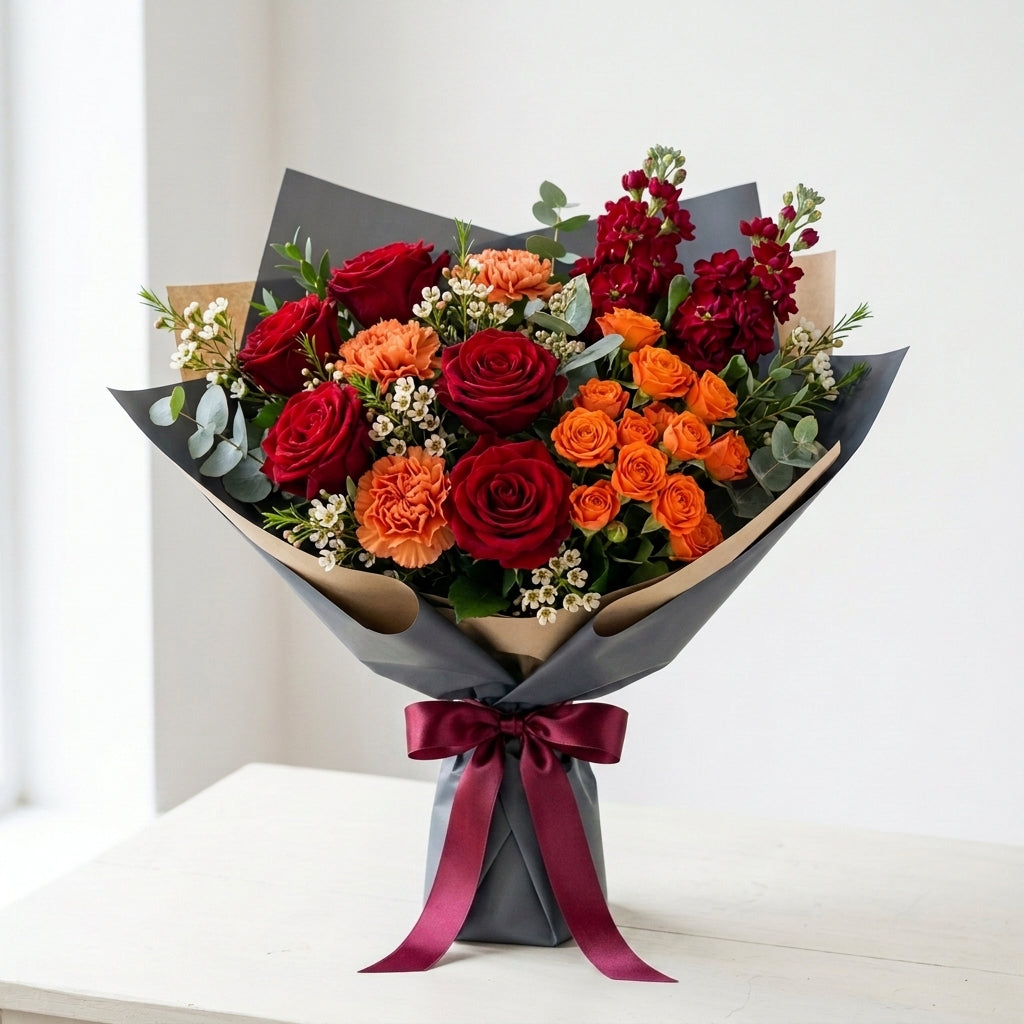 Dramatic Halloween Red Roses, Orange Carnations & Matthiola Bouquet