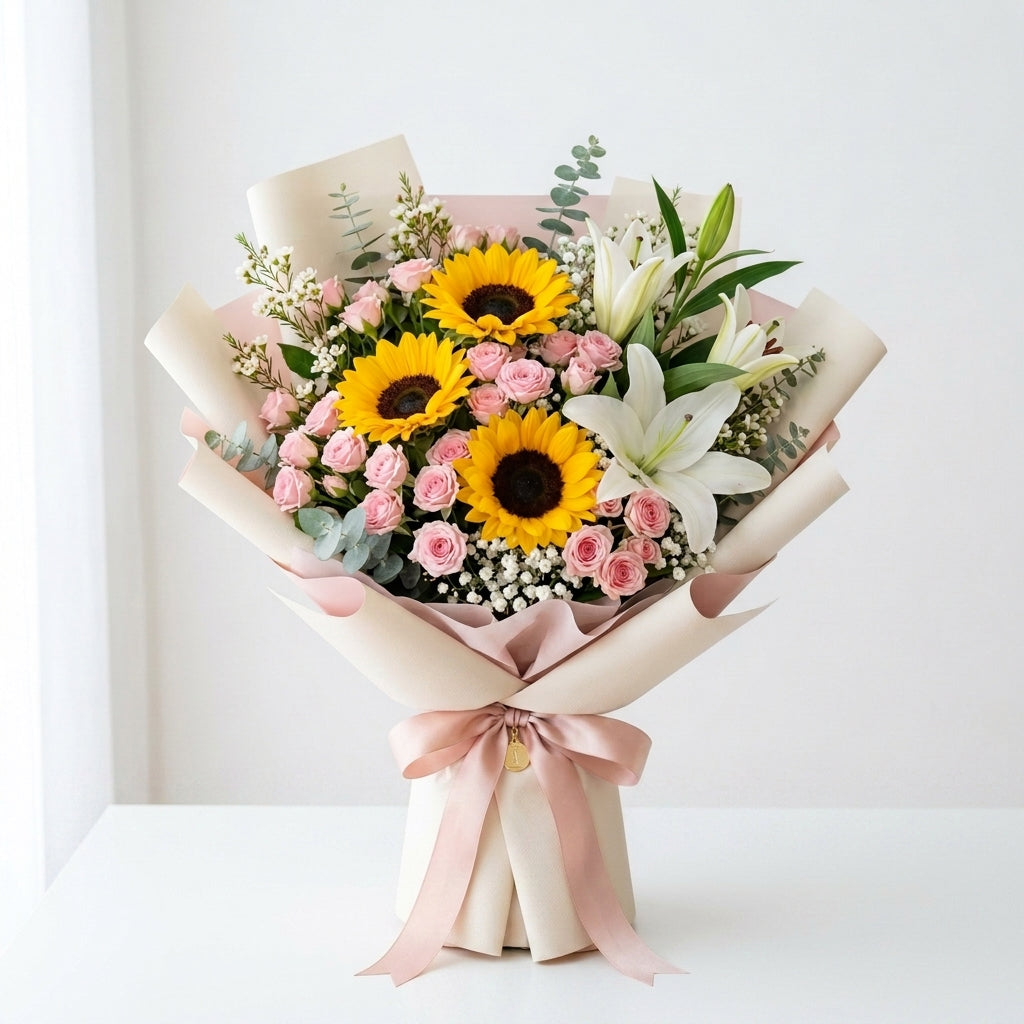 Bright Sunflowers, White Lilies & Baby Roses Sorry Bouquet