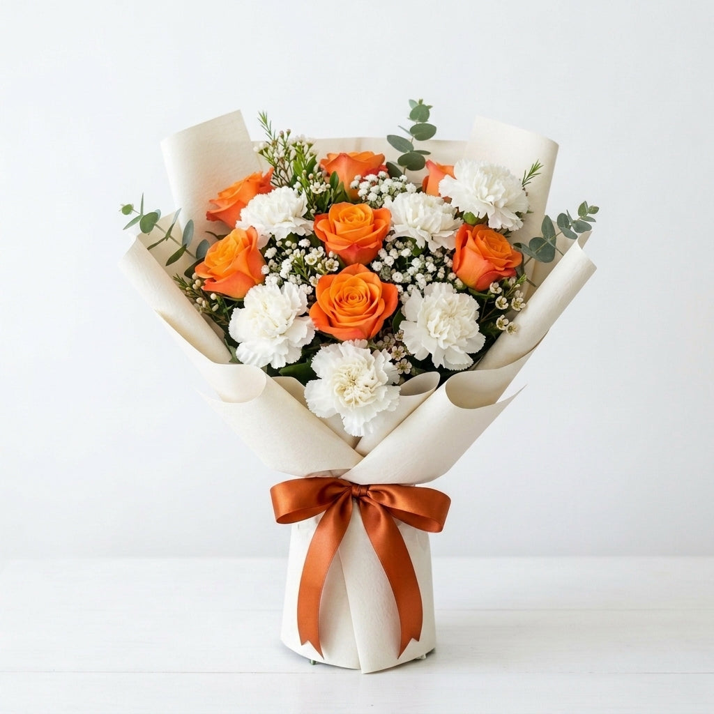 Vibrant Orange Roses & White Carnation Bouquet