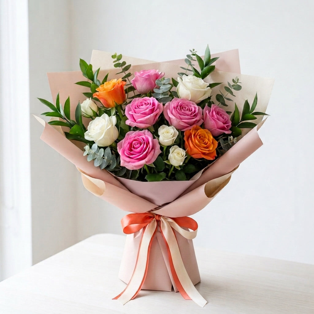 Elegant White, Pink & Orange Rose Bouquet
