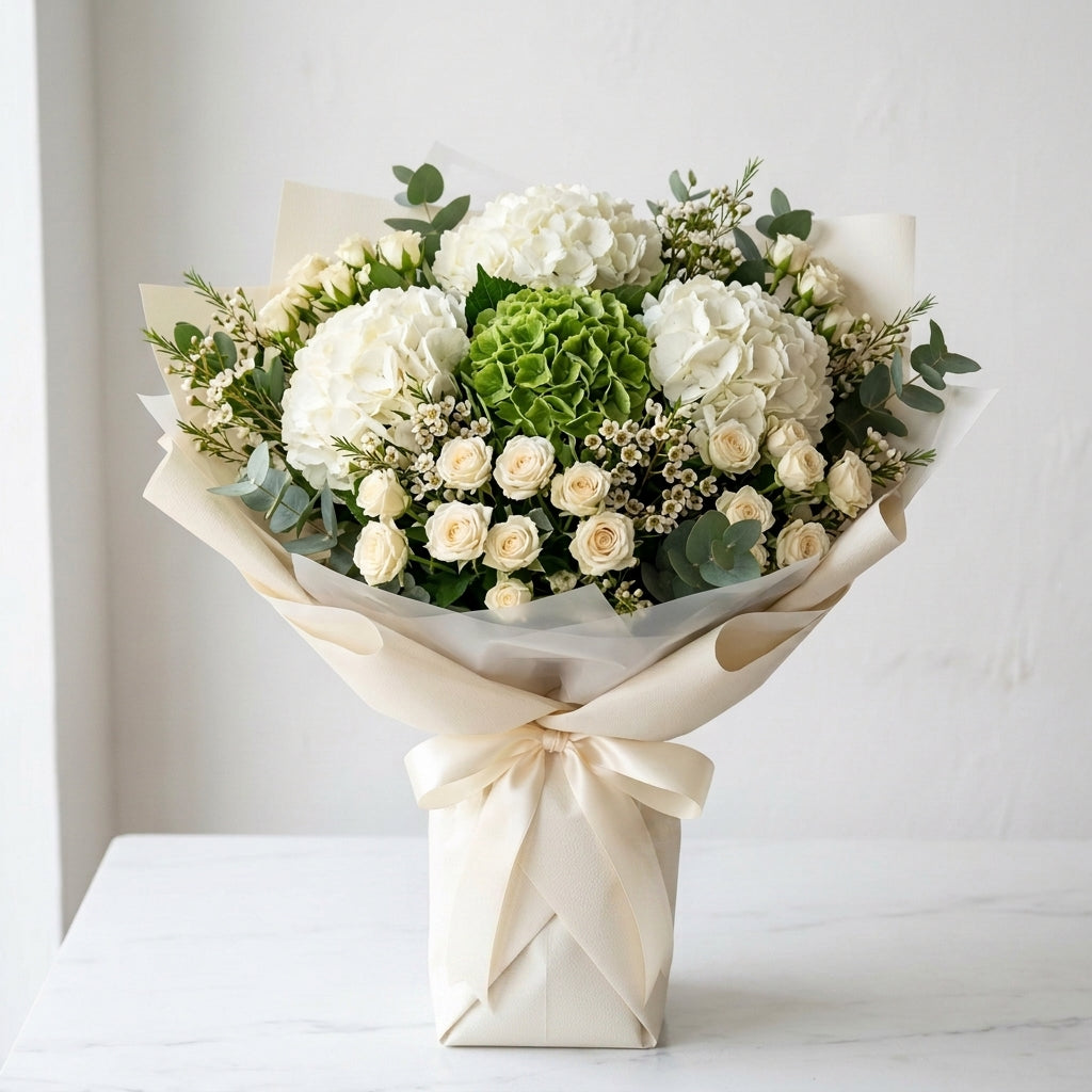 Hajj Mubarak White & Green Hydrangea Bouquet with Baby Roses