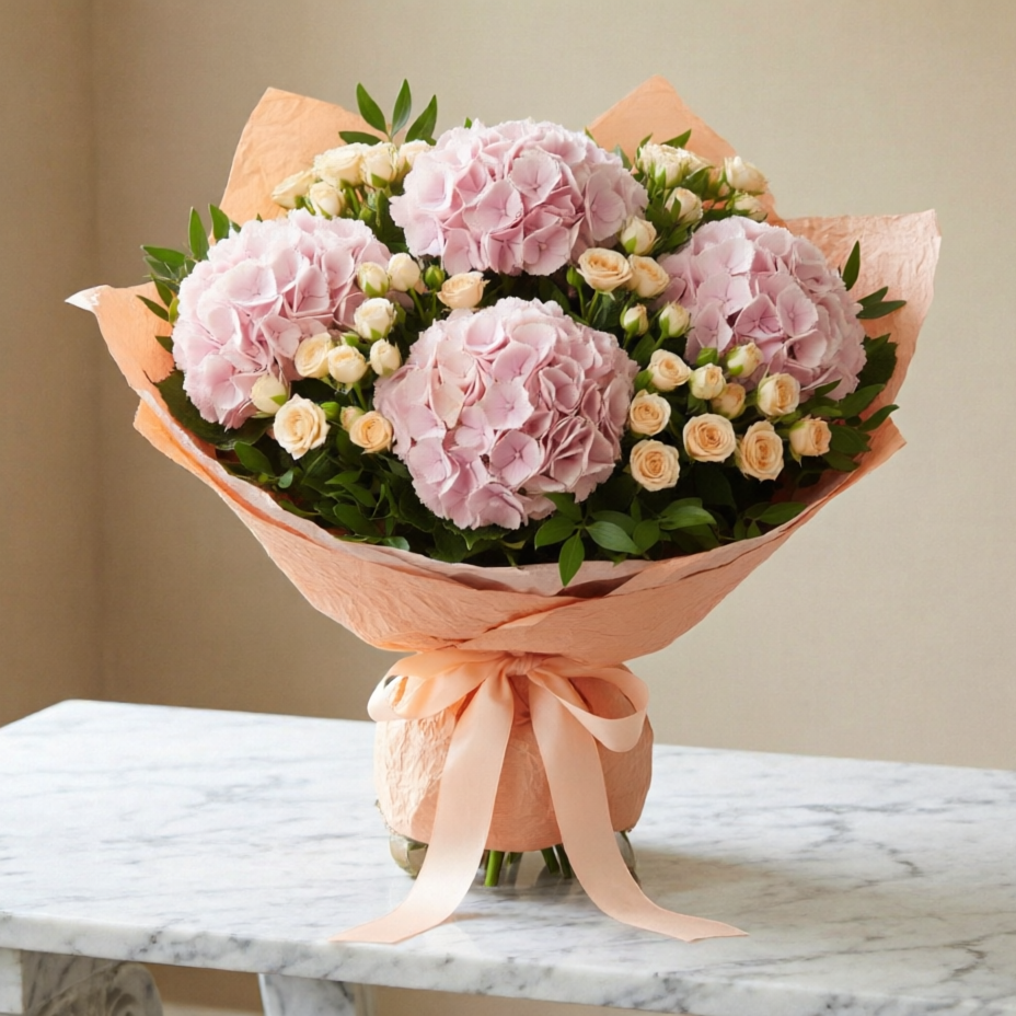 Peachy Dreams – Hydrangea & Baby Rose Bouque