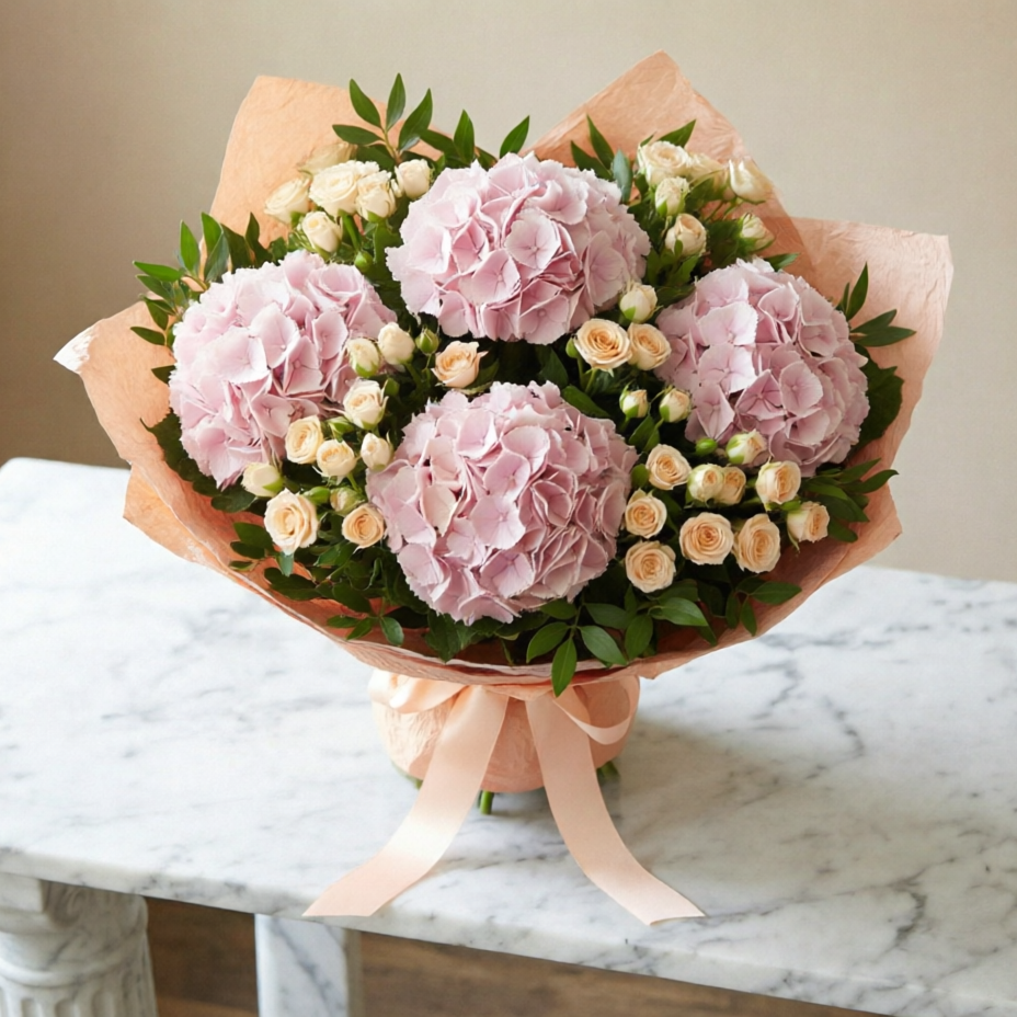 Peachy Dreams – Hydrangea & Baby Rose Bouque